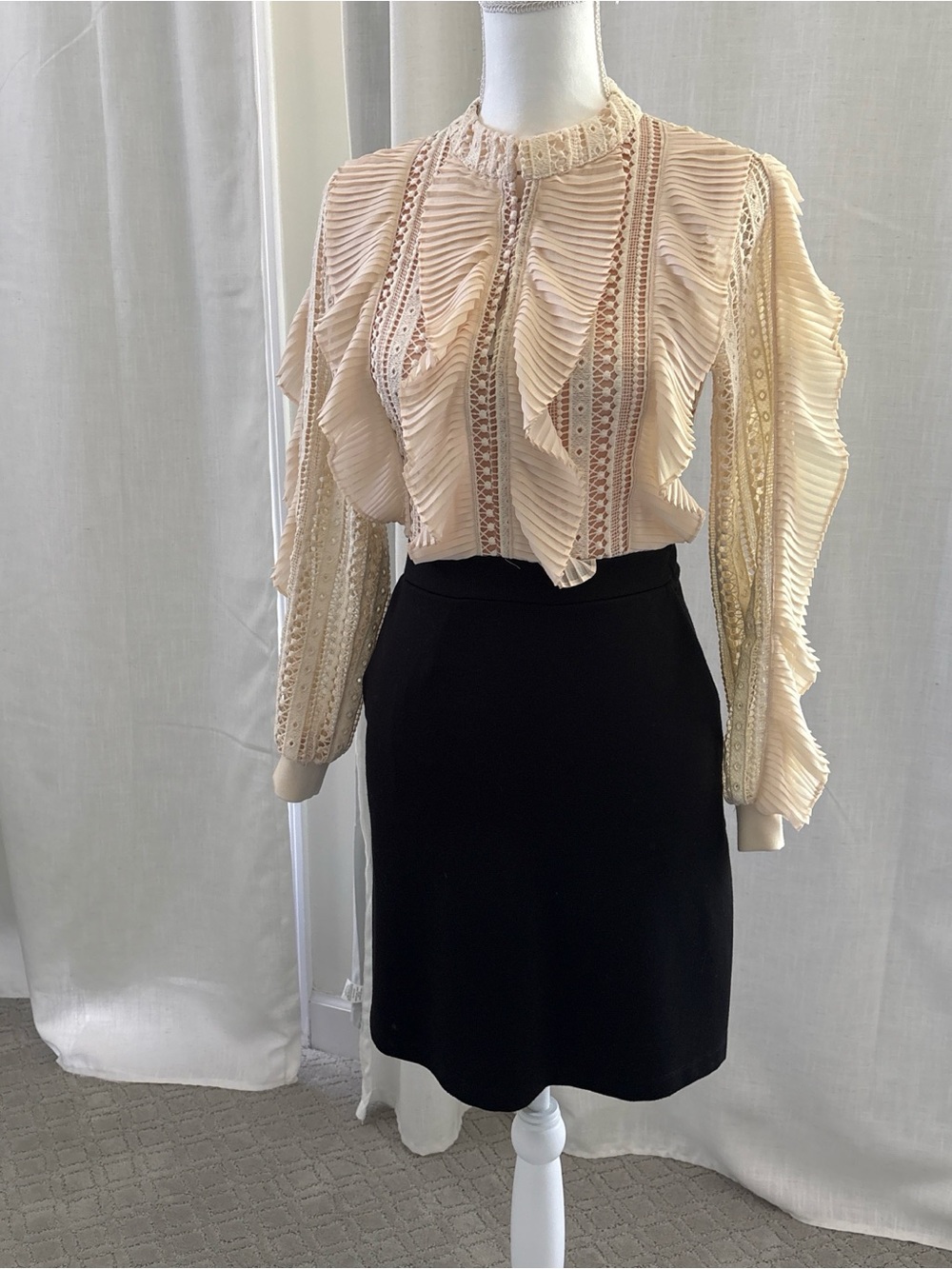 French Connection Cream Ruffled Pleated  and Black dress